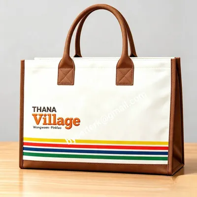 กระเป๋าผ้าแคนวาสสีขาวขอบหนังสีน้ำตาล ปักโลโก้ THANA Village พร้อมแถบสี ผลงานผลิตโดย Beyond & Better