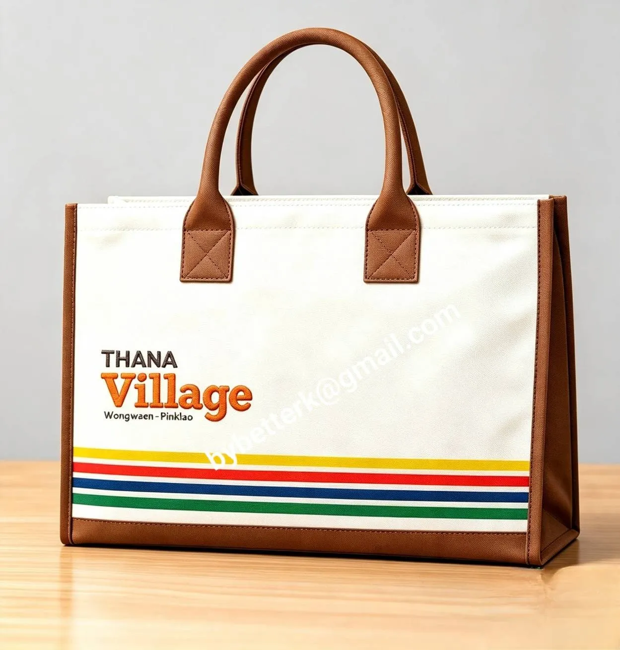 กระเป๋าผ้าแคนวาสสีขาวขอบหนังสีน้ำตาล ปักโลโก้ THANA Village พร้อมแถบสี