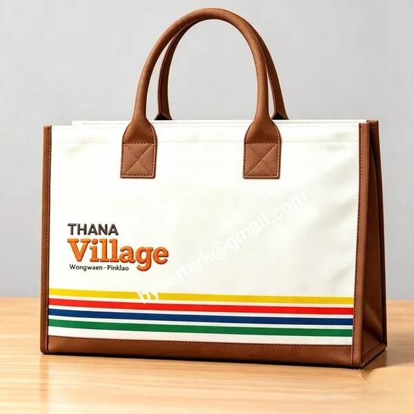 กระเป๋าผ้าแคนวาสสีขาวขอบหนังสีน้ำตาล ปักโลโก้ THANA Village พร้อมแถบสี ผลงานผลิตโดย Beyond & Better
